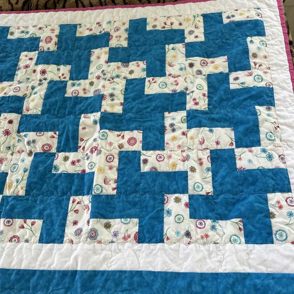 Handmade Lap Quilt 29x33 Beautiful Blue Pink Floral Kids, Baby, EUC Gift